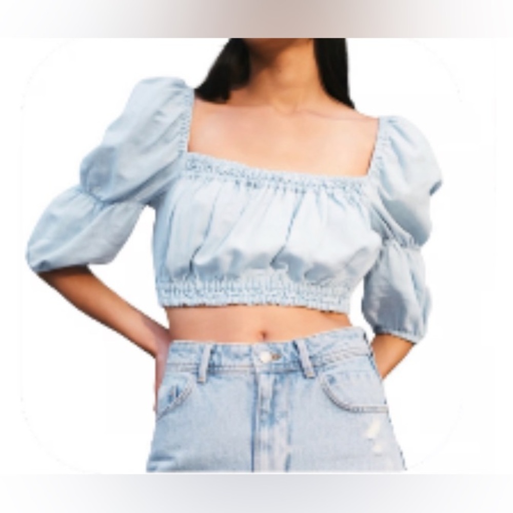 Zara Sz S light blue tie back linen blend crop top Oktoberfest